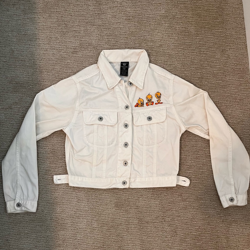 Vintage Warner Brothers Tweety Bird White Denim Jacket Womens XS